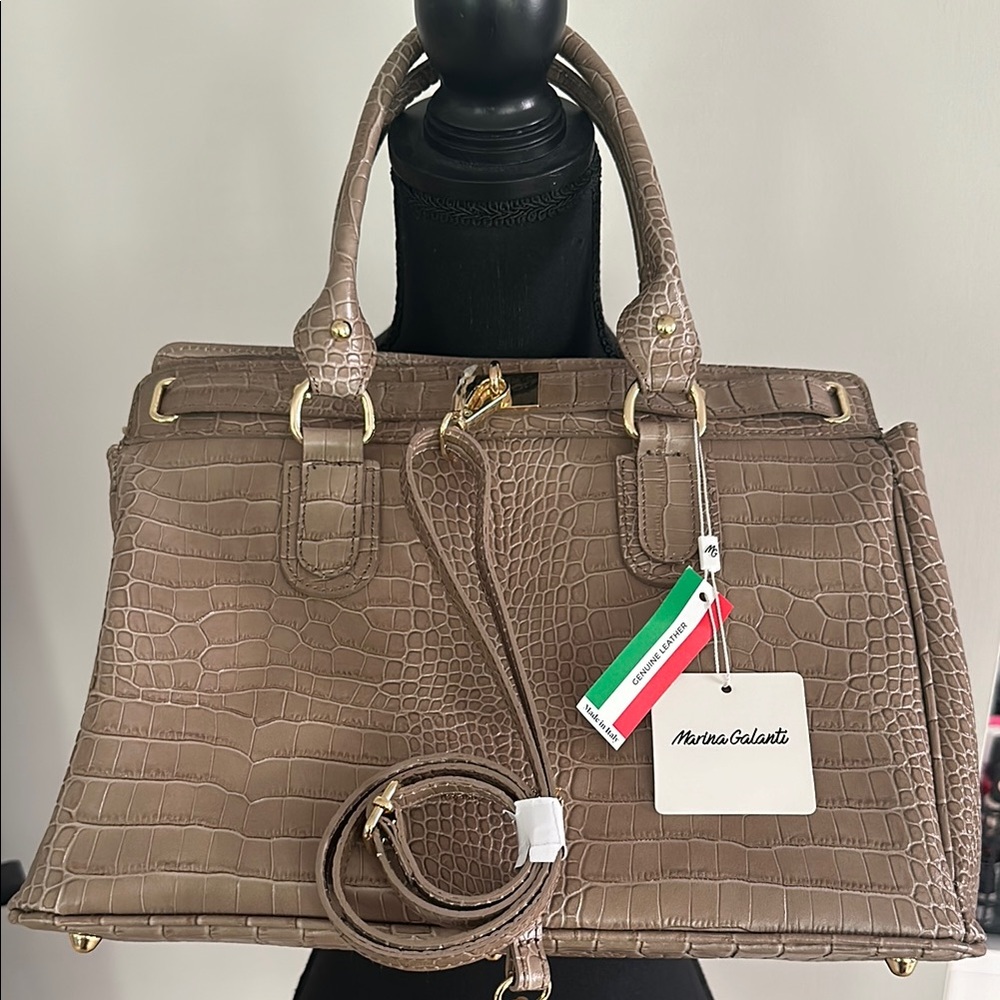 Tan Crocodile-Embossed Satchel with Gold Hardware